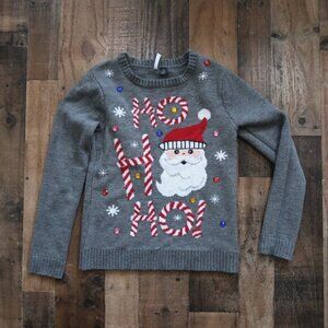 Love by Design Juniors XL Christmas Sweater Grey Santa Claus Bling